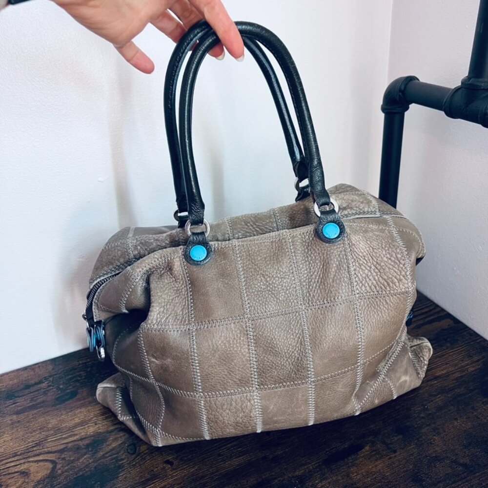 Taupe Leather and Turquoise Convertible GABS Tote